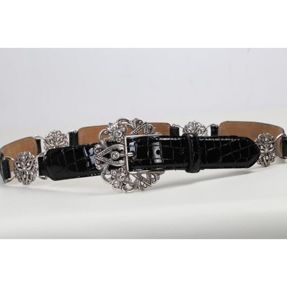 Vintage Brighton Black Croc Embossed Leather Belt Silver Crystal Buckle Size 38 main image 11